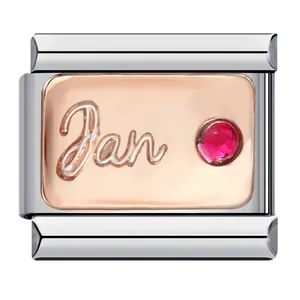 Modular Italian charm link in stainless steel with red January birthstone and Jan script