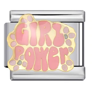 Stainless steel Italian charm link with pink gold-plated Girl Power enamel design