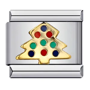 Italian charm link with gold-plated Christmas tree and colorful dots in stainless steel