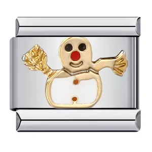 Stainless steel Italian charm link with gold-plated festive holiday snowman design