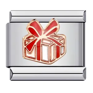 Stainless steel Italian charm link with red and gold gift box enamel design for DIY bracelet