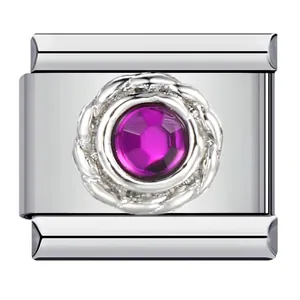Elegante eslabón de charm italiano de acero inoxidable con piedra púrpura facetada