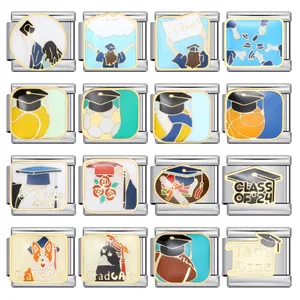 Selection of graduation themed Italian charm bracelet links with colorful enamel designs