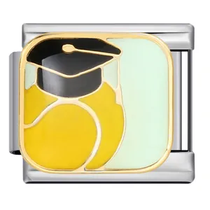 Detail of graduation cap Italian charm link in gold-plated stainless steel for DIY bracelets