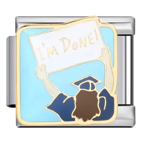 Stainless steel graduation Italian modular charm with gold trim and I'M DONE sign