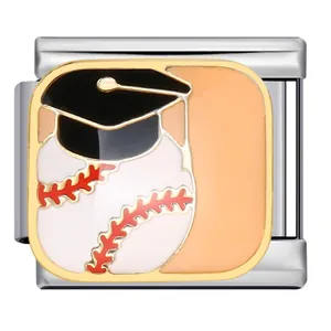 Stainless steel Italian modular charm with baseball and graduation cap design