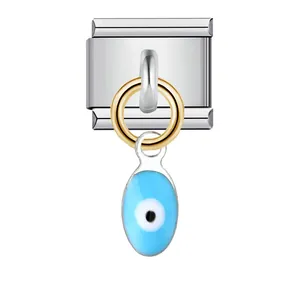Italian modular charm link in stainless steel with a blue evil eye pendant dangle