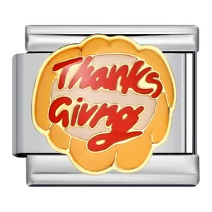 Close-up of Thanksgiving enamel charm for Italian modular stainless steel bracelet