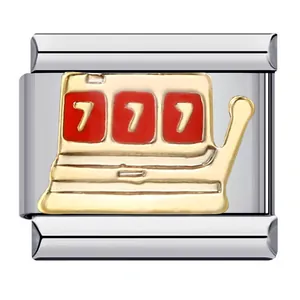 Eslabón de amuleto de tragamonedas 777 chapado en oro para pulsera modular italiana