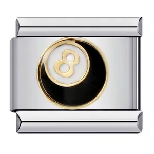 Charm modular italiano de acero inoxidable con diseño clásico de bola 8 de billar negra