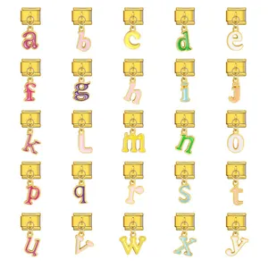 Gold Stainless Steel Italian Charm Link Bracelet Accessories Drip Oil Colorful Alphabet Letter Modular Charm Link For DIY Jewelry