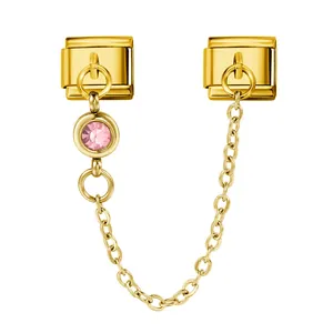 Gold Italian modular charm with pink birthstone and connecting chain.