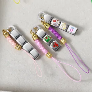 Edelstahl DIY Italienischer Charm-Modul Handykette Vergoldet Geflochtenes Seil Schlüsselanhänger Personalisiertes Modulglied Schmuck Geschenk