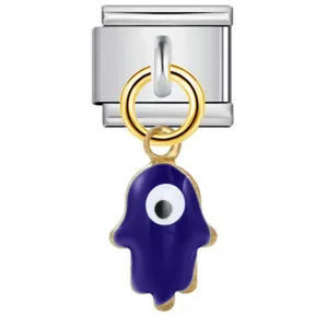 Stainless steel Italian charm link with blue Hamsa hand and evil eye for DIY bracelets
