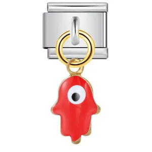 Stainless steel Italian link charm featuring red Hamsa hand and Evil Eye drip oil pendant