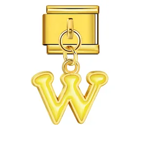 Detailed view of gold Italian charm link with yellow enamel letter W dangling pendant