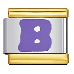 Modularer italienischer Charm-Armband-Link mit lila Emaille-Buchstabe B im Gold-Silber-Design