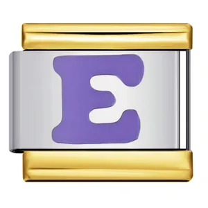 Edelstahl-Charm-Element mit lila Buchstabe E für individuelles italienisches DIY-Armband
