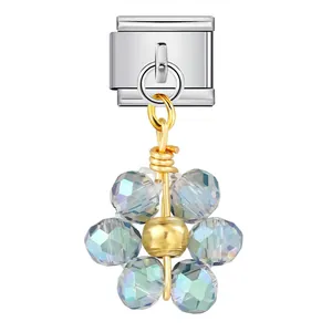 Charm per bracciale modulare italiano con ciondolo a fiore in cristallo e maglia in acciaio