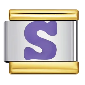 Italienisches Modul-Charm-Glied mit lila Emaille-Buchstabe S in Gold-Silber-Optik