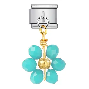 Charm italiano in acciaio inossidabile con ciondolo a fiore in cristallo turchese per bracciali