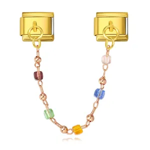 Conector de pulsera de charms italiano con cuentas de colores y cadena de oro rosa
