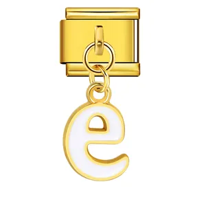 Elegant gold Italian modular charm link with white enamel letter e pendant for bracelets