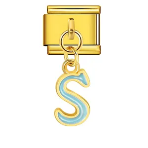 Elegant gold-tone Italian charm module with light blue enamel alphabet letter S dangle