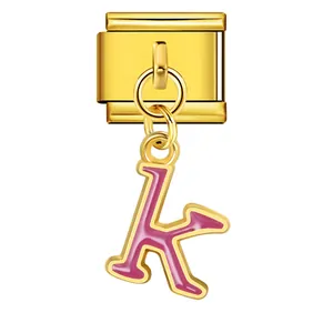 Elegant gold-plated Italian modular charm link featuring a pink enamel letter K pendant