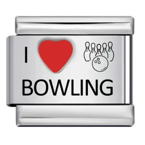 Stainless steel Italian modular charm featuring I Love Bowling engraving and heart