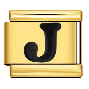 Detail view of gold stainless steel Italian charm link with black letter J