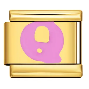 Gold-plated stainless steel Italian charm bracelet link with pink enamel letter Q