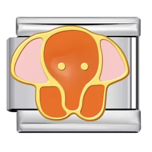 Italienischer Modul-Charm aus Edelstahl mit orangefarbenem Emaille-Elefanten