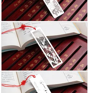 Close-up of hollowed-out stainless steel bookmarks with traditional Chinese patterns.