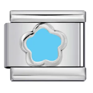 Maillon de breloque italienne en acier inoxydable avec fleur en émail bleu pour DIY
