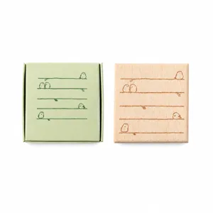 Close-up of retro wooden stamp with Titmouse Branch bird pattern and dimensions.