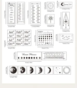Detaillierte Größenübersicht für das Mondphasen- und Kalender-Holzstempel-Set.