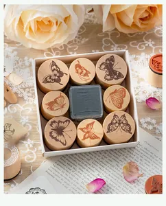 Vintage wooden butterfly stamp set for DIY scrapbooking craft with black ink pad