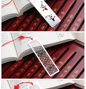 Detailed close-up showing the hollow metal pattern and red tassel of the bookmark.