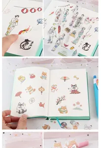 Detail view of Japanese cartoon washi stickers used in a grid notebook journal