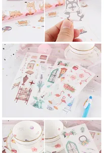 Detailed macro shot of 6-sheet set of cute watercolor washi stickers for journals