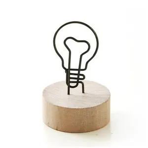 Vintage wooden base memo holder with light bulb shaped wire clip for home office desk decor