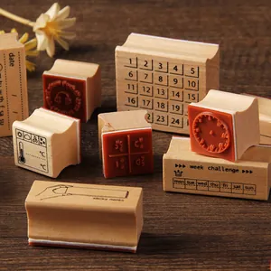 Vintage wooden rubber stamp set with calendar and week designs for scrapbooking decoration