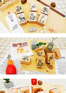 Vintage houten stempelset met bosdieren voor creatieve DIY dagboekversiering en hobby