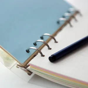 Gros plan d'un classeur en PP dépoli avec anneaux métalliques et pages colorées.