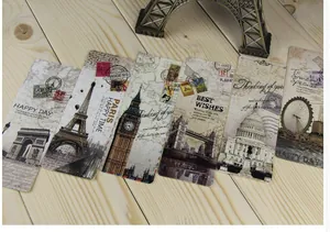 Vintage paper bookmarks featuring world landmarks like Eiffel Tower and Big Ben.