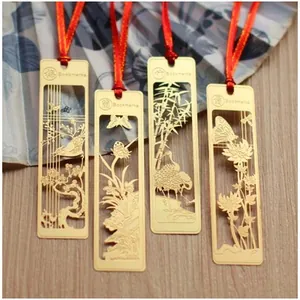 Vintage Chinese Style Hollow Out Alloy Metal Bookmarks With Red Tassel Plum Orchid Bamboo Chrysanthemum Pattern Bookmark Gift