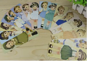 Detailed view of 30 cute retro cartoon girl bookmarks arranged in a neat fan shape.