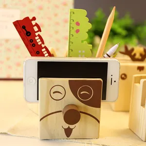 Cute wooden dog-shaped desk organizer with pen holder and smartphone stand for kids.