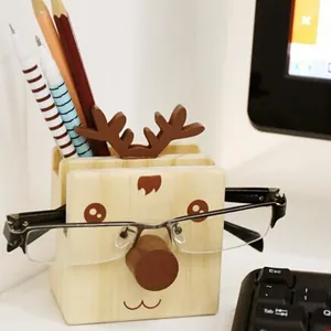 Handcrafted reindeer wooden pen holder and glasses stand for office desk organization
